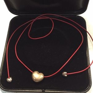 Danish vintage RAUFF sterling silver leather strap necklace red love lariat